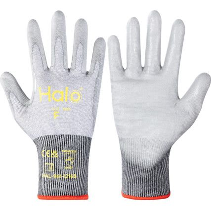 Cut Resistant Gloves, 18 Gauge Cut F, Size 6, Grey, Polyurethane Palm, EN388: 2016