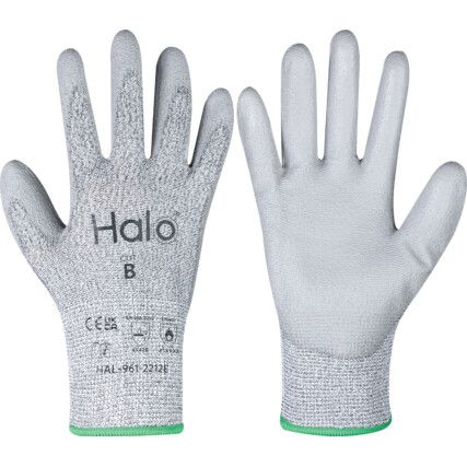 Cut Resistant Gloves, 13 Gauge Cut B, Size 7, Grey, Polyurethane Palm, EN388: 2016, Pack of 12 Pairs