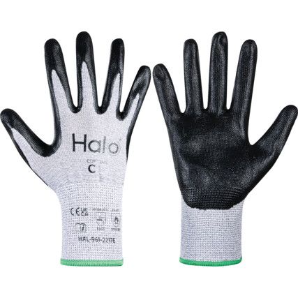 Cut Resistant Gloves, 13 Gauge Cut C, Size 7, Black & Grey, Nitrile Palm, EN388: 2016, Pack of 12 Pairs