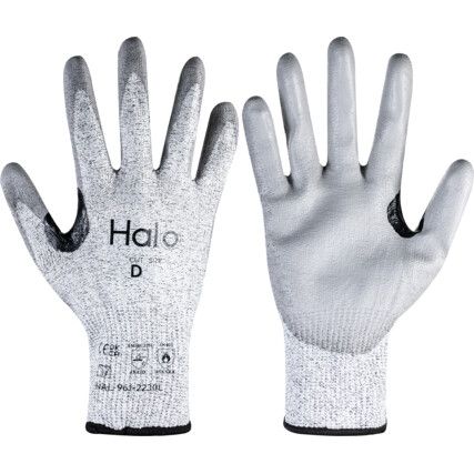 Cut Resistant Gloves, 13 Gauge Cut D, Size 6, Grey, Polyurethane Palm, EN388: 2016