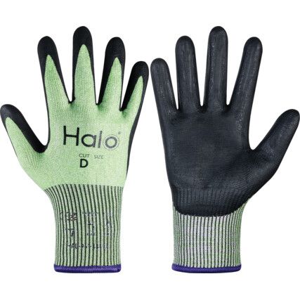 Cut Resistant Gloves, 13 Gauge Cut D, Size 6, Black & Green, Nitrile Foam Palm, EN388: 2016