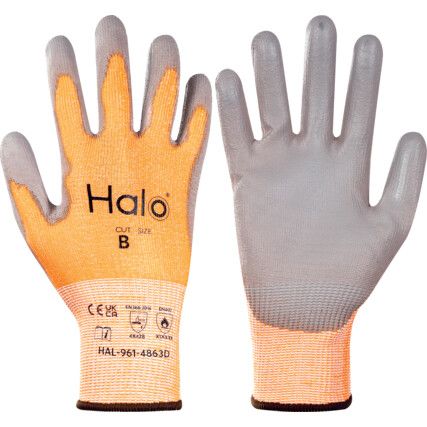 Cut Resistant Gloves, 13 Gauge Cut B, Size 6, Grey & Orange, Nylon-PU Palm, EN388: 2016