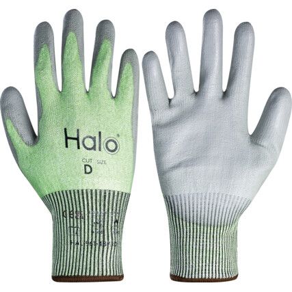 Cut Resistant Gloves, 13 Gauge Cut D, Size 6, Green & Grey, Nylon-PU Palm, EN388: 2016