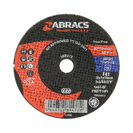 Cutting Disc, APT75FCM, 46-Fine/Medium, 76 x 1 x 10 mm, Type 41, Aluminium Oxide