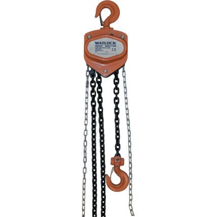 Manual Chain Hoist, 2 ton Rated Load, 3m Lift, 8mm Chain with Safety Hook