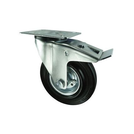 Pressed Steel Castor With Swivel Plate, Rubber Tyre with Brake, Steel Centre 80mm