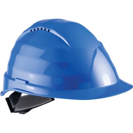 Safety Helmet With 6 Point Harness, Blue, ABS, Vented, Reduced Peak, Includes Side Slots