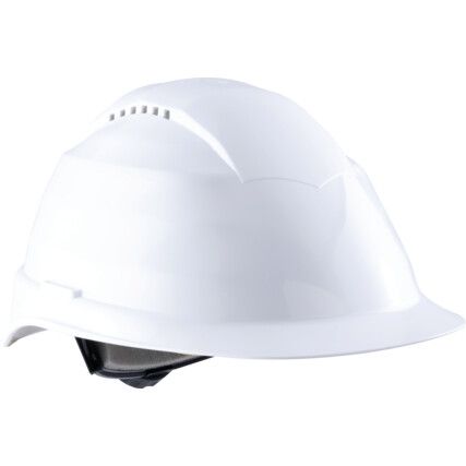 Safety Helmet With 6 Point Harness, White, ABS, Vented, Reduced Peak, Includes Side Slots