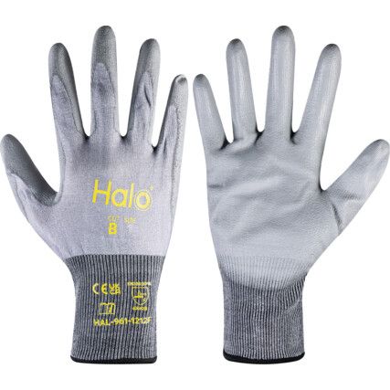 Cut Resistant Gloves, 18 Gauge Cut B, Size 6, Grey, Polyurethane Palm, EN388: 2016