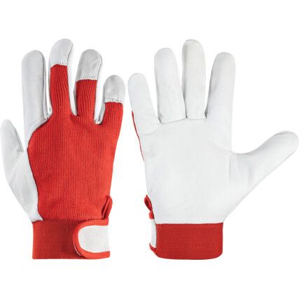 General Handling Gloves, Red/White, Leather Coating, Cotton Lined, Size 9