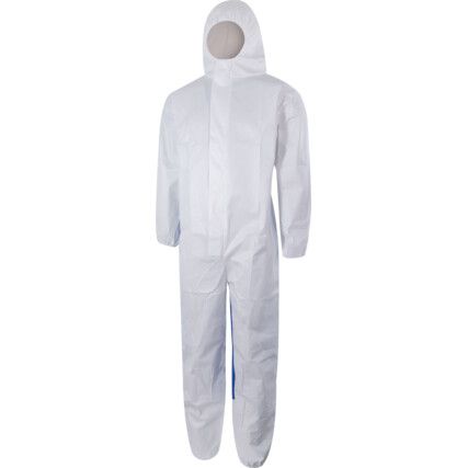 Disposable Hooded Coveralls, Type 5/6, White/Blue, Small, 27-36" Chest